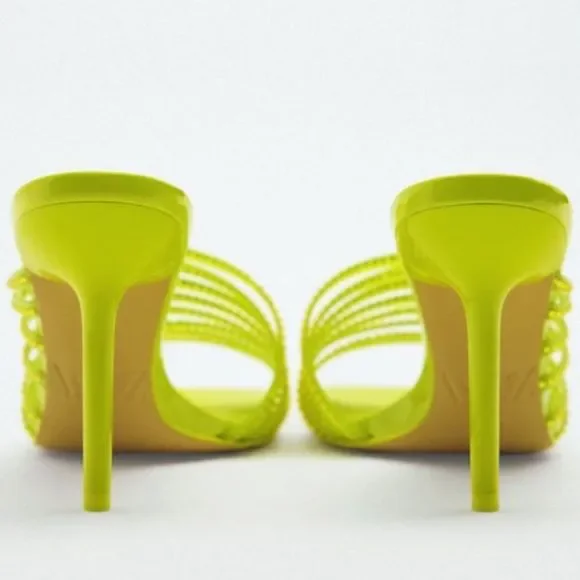 Zara Vinyl Lime Green Rhinestone Squared Toe High Heels Sandals Shoes - Picture 10 of 14